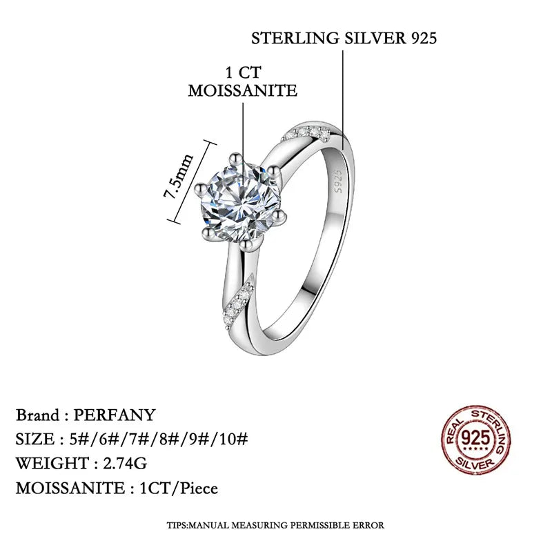 PERFANY 1-3CT Moissanite Ring for Women S925 Pure Silver Six Claw Laboratory Cultivated Diamond Engagement Ring Wedding Jewelry