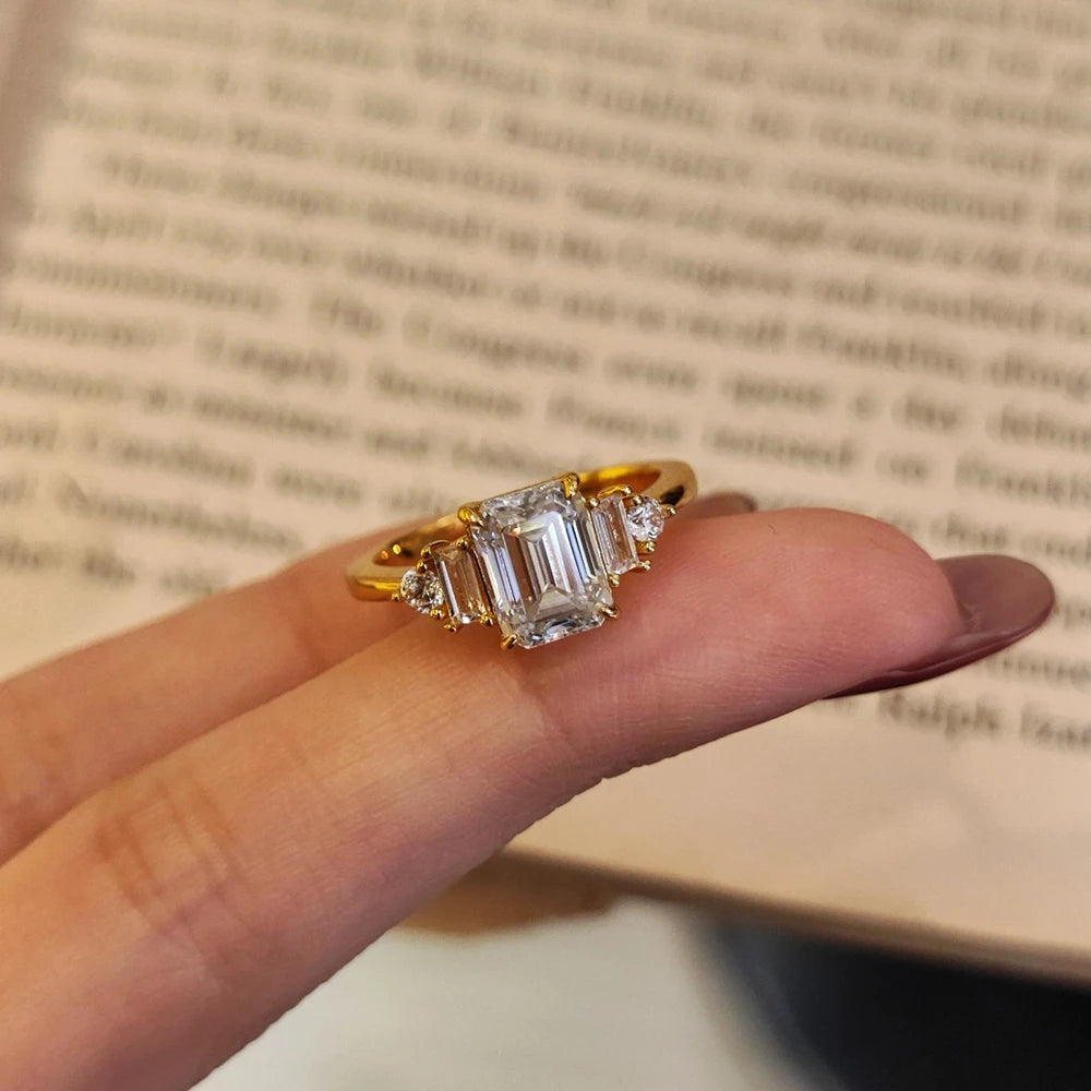 BXINY 2CT Emerald Cut Moissanite Rings S925 Silver 18K Gold Plated GRA Certified Lab Diamond Wedding Band for Women Gift Jewelry