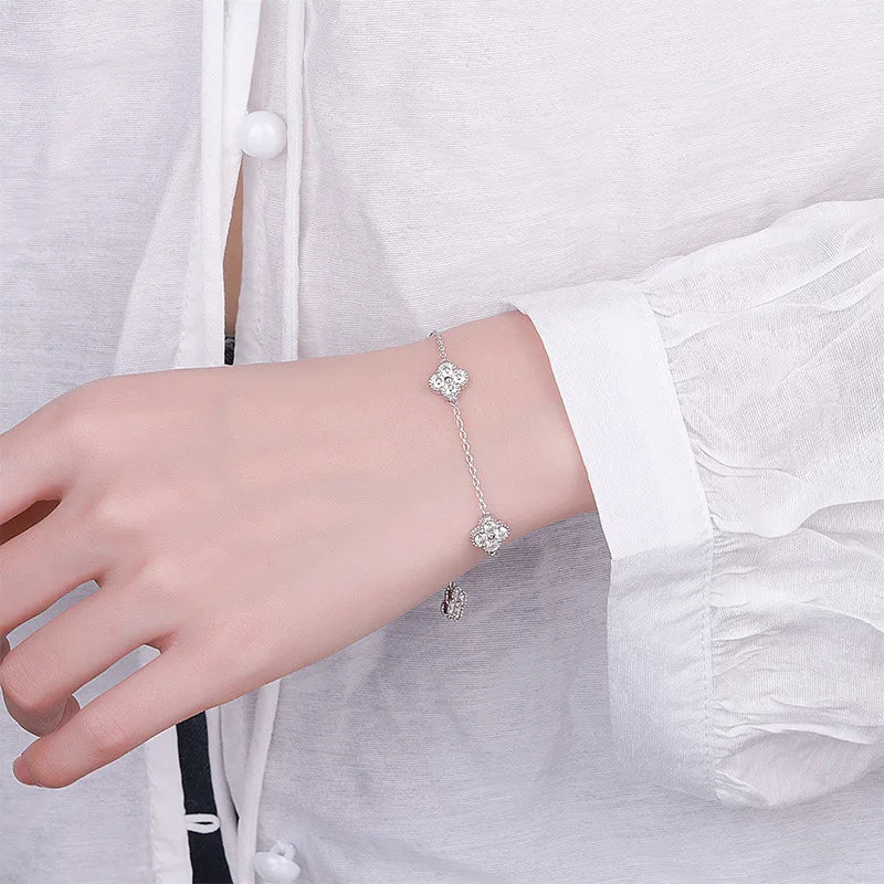 LYCFN  3MM Full Moissanite S925 Sterling Silver Four Flower Bracelet for Women Light Luxury High-end Hand Chain Jewelry