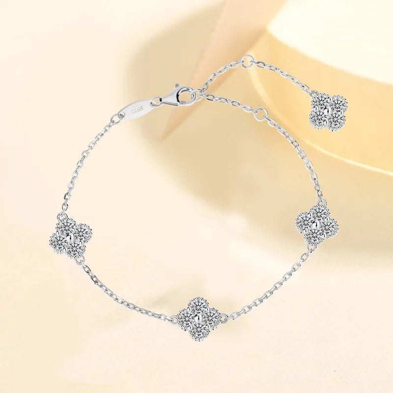LYCFN  3MM Full Moissanite S925 Sterling Silver Four Flower Bracelet for Women Light Luxury High-end Hand Chain Jewelry