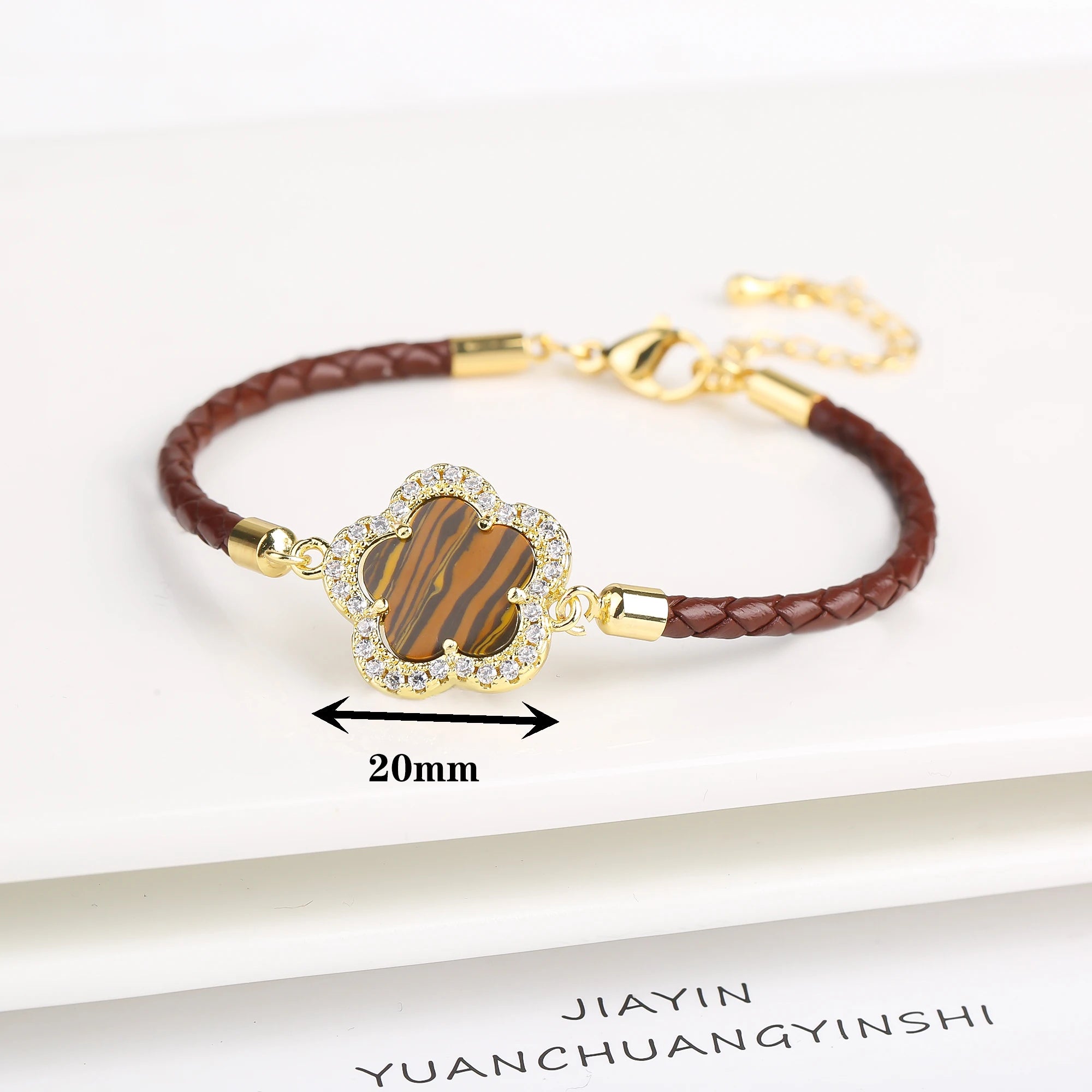 Elegant Leather Stone Flower Charm Bracelet